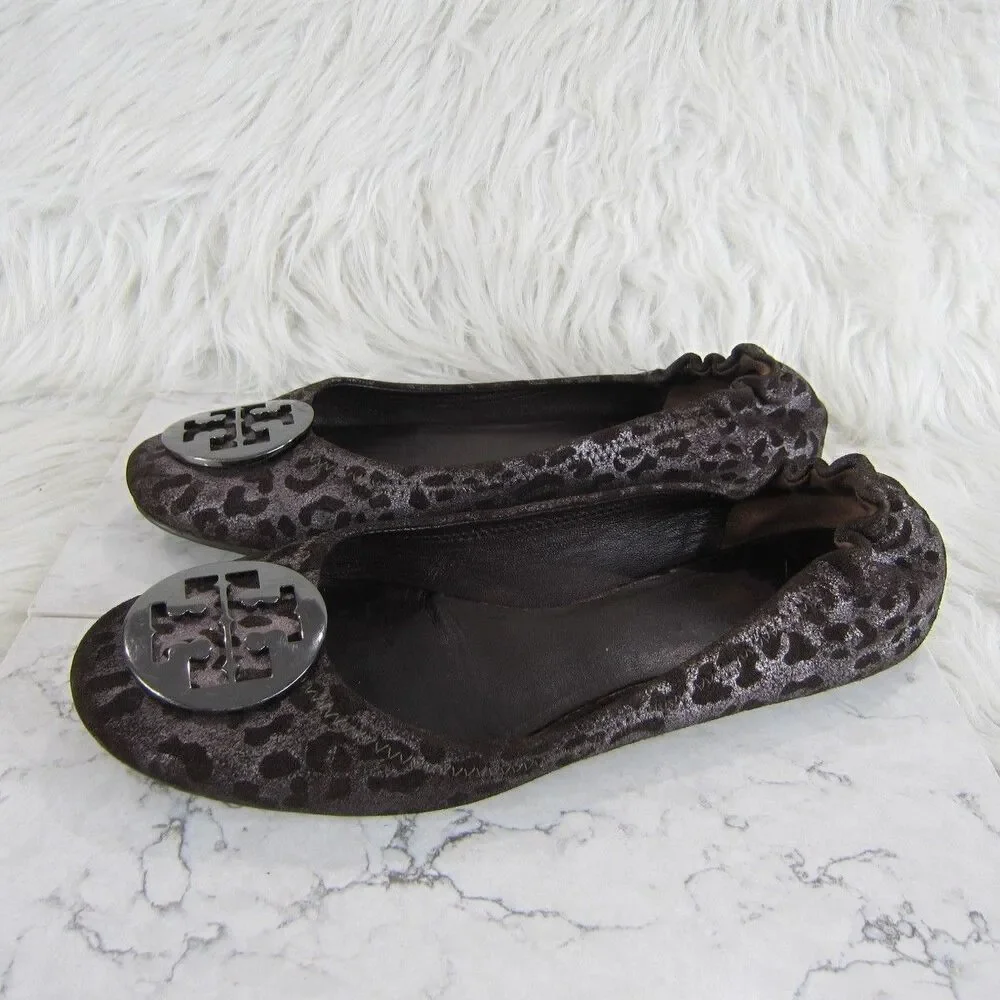 Tory Burch Reva Flats Iridescent Leopard Print Brown Silver Size US 9